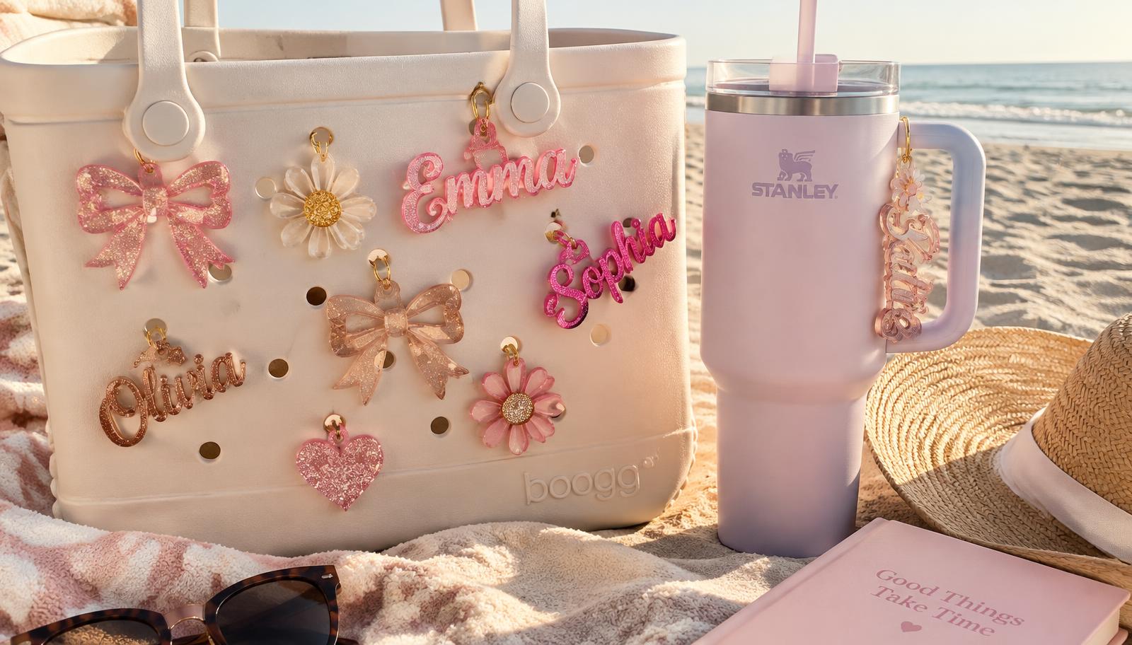 Bogg Bag covered in personalized glitter charms