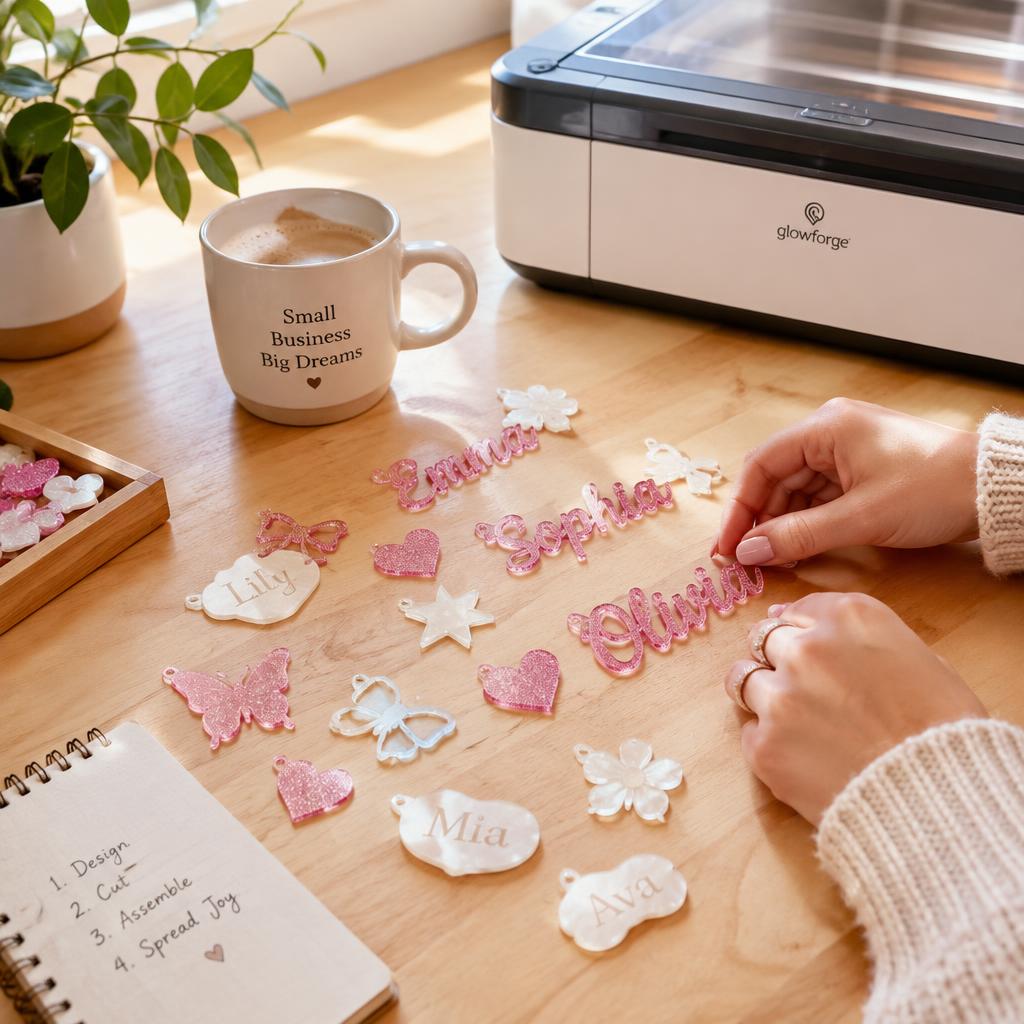 Maria's craft table with charms and coffee